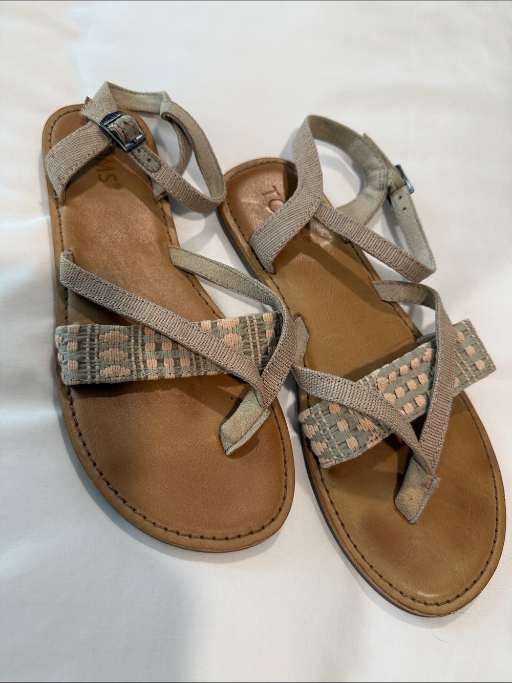 Toms Beige Woven-Strap Leather Footbed Sandals